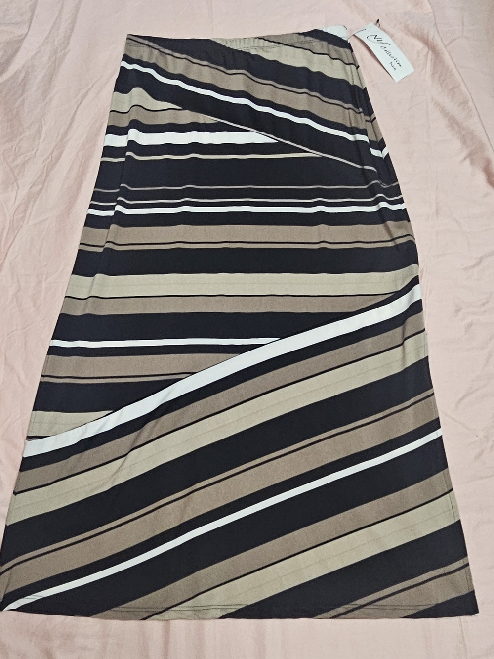 NY Collection Black, Brown & White Striped Maxi Skirt With Slit NWT Petite SP